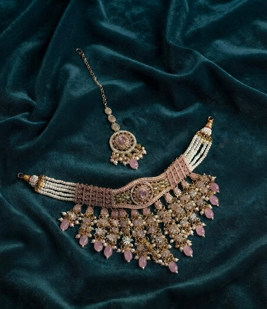 EXQUISITE ANTIQUE GOLD & PINK KUNDAN NECKLACE SET