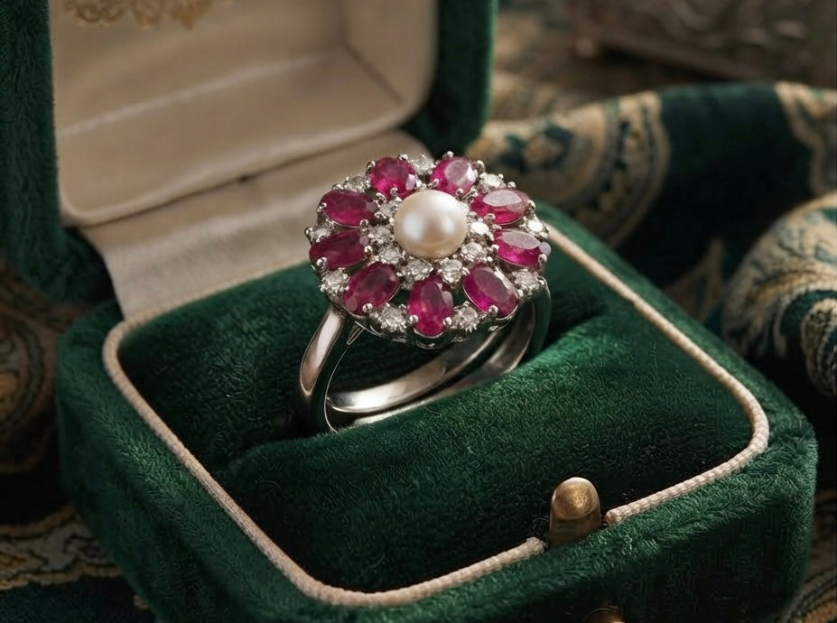 THE REGAL RUBY & PEARL SUNBURST RING