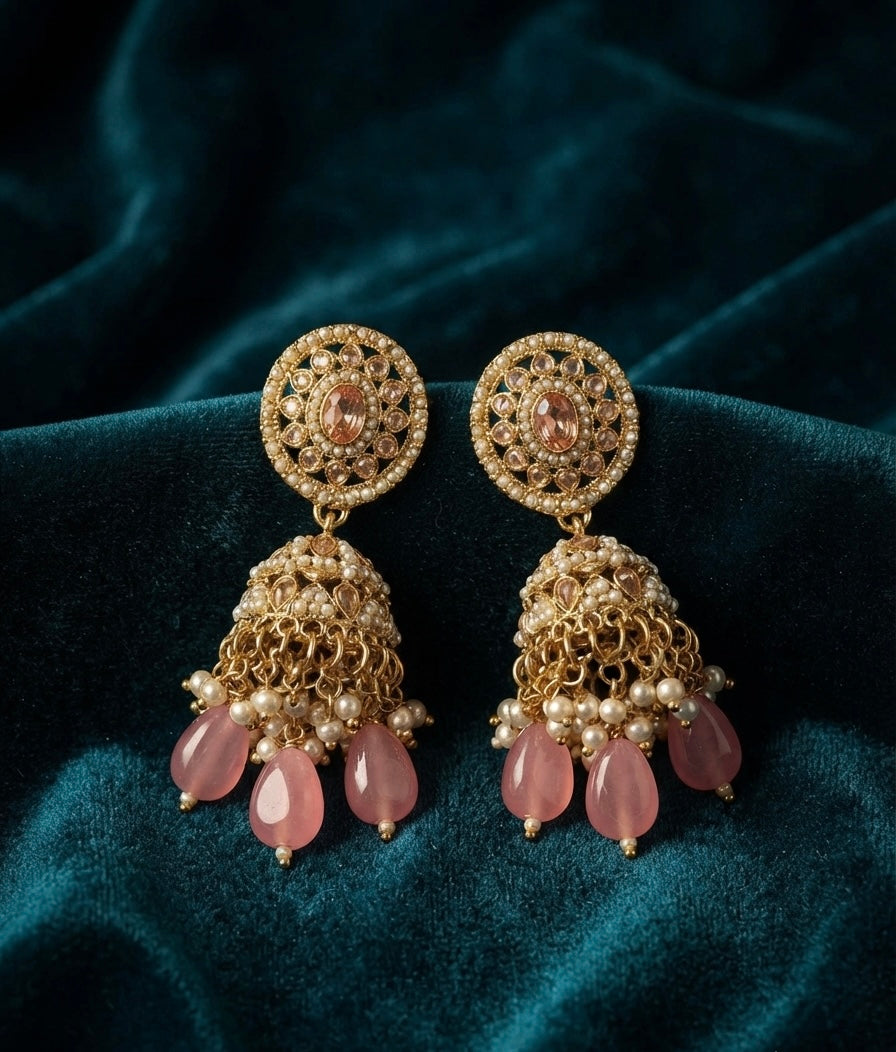 EXQUISITE ANTIQUE GOLD & PINK KUNDAN NECKLACE SET