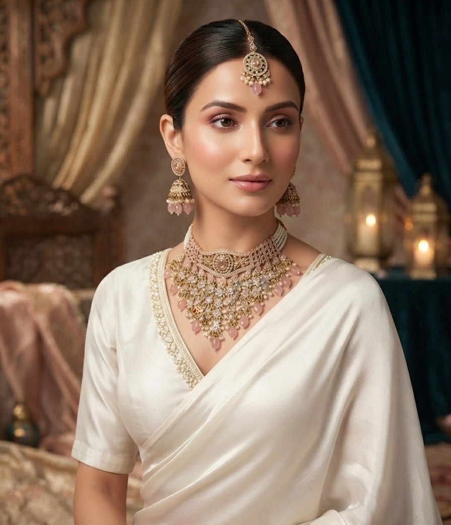 EXQUISITE ANTIQUE GOLD & PINK KUNDAN NECKLACE SET