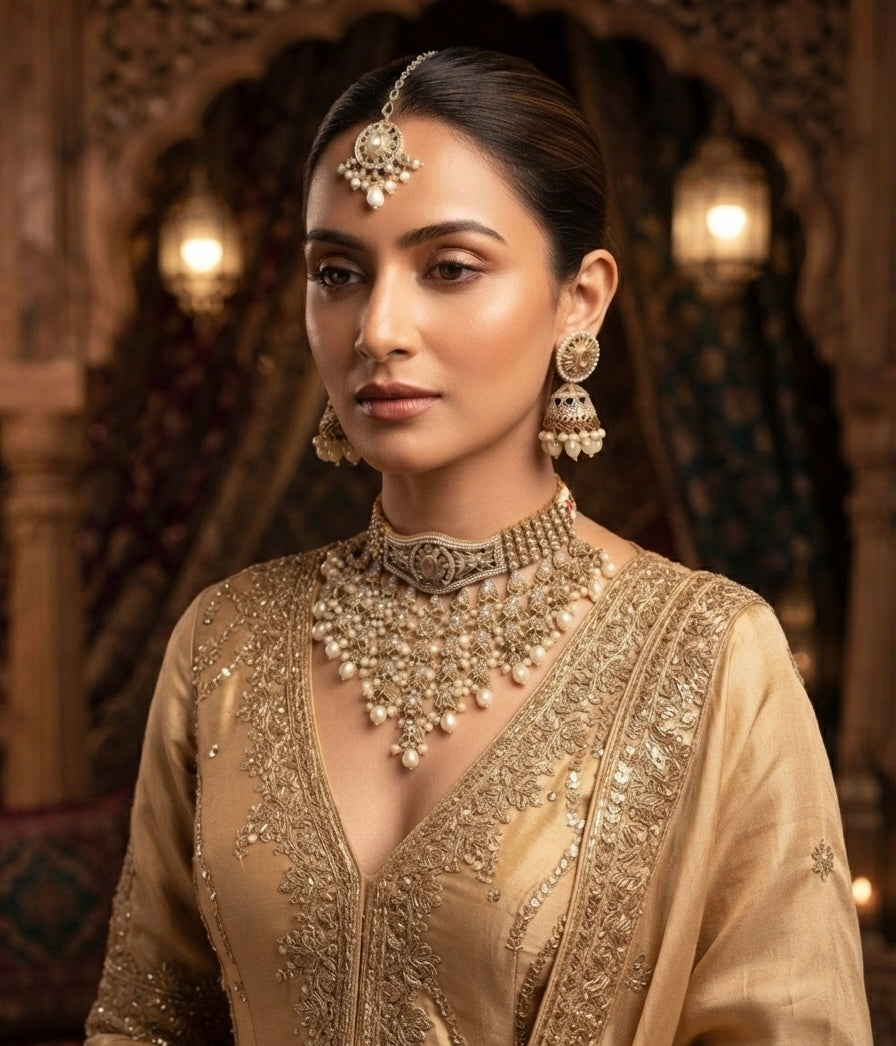 REGAL ANTIQUE GOLD POLKI & PEARL NECKLACE SET