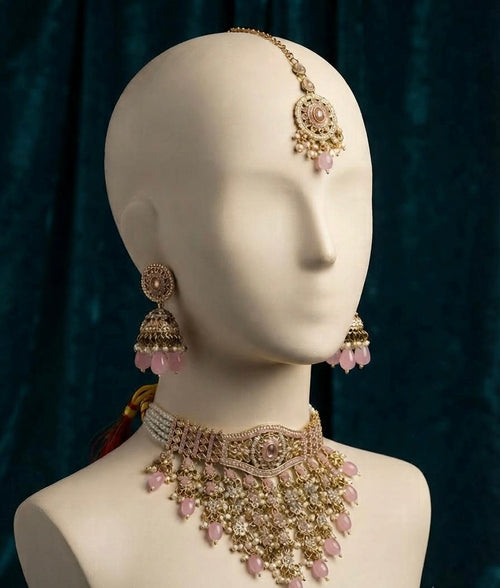 EXQUISITE ANTIQUE GOLD & PINK KUNDAN NECKLACE SET