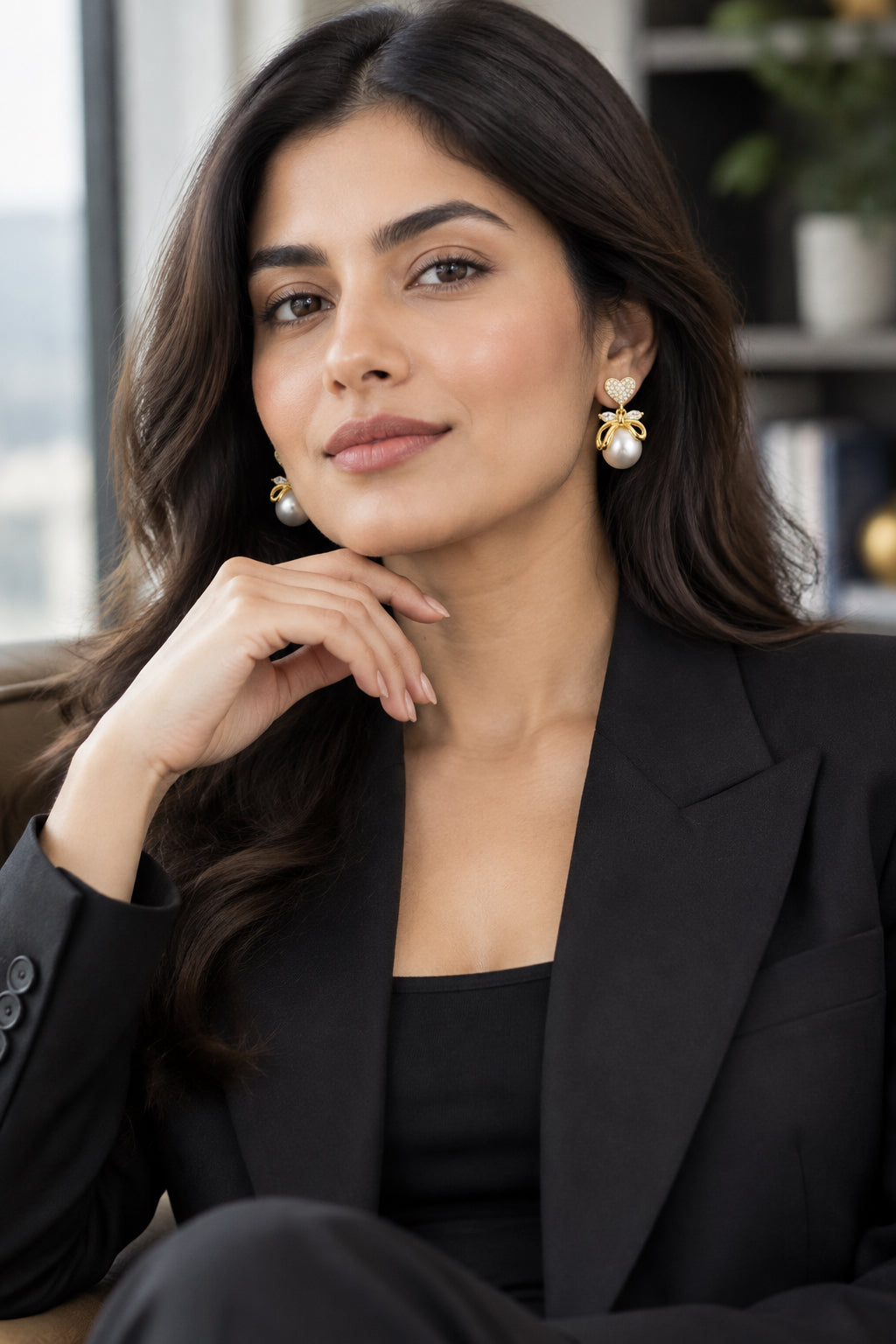 THE COQUETTE CHARM |  PEARL AND PAVE HEART BOW EARRINGS