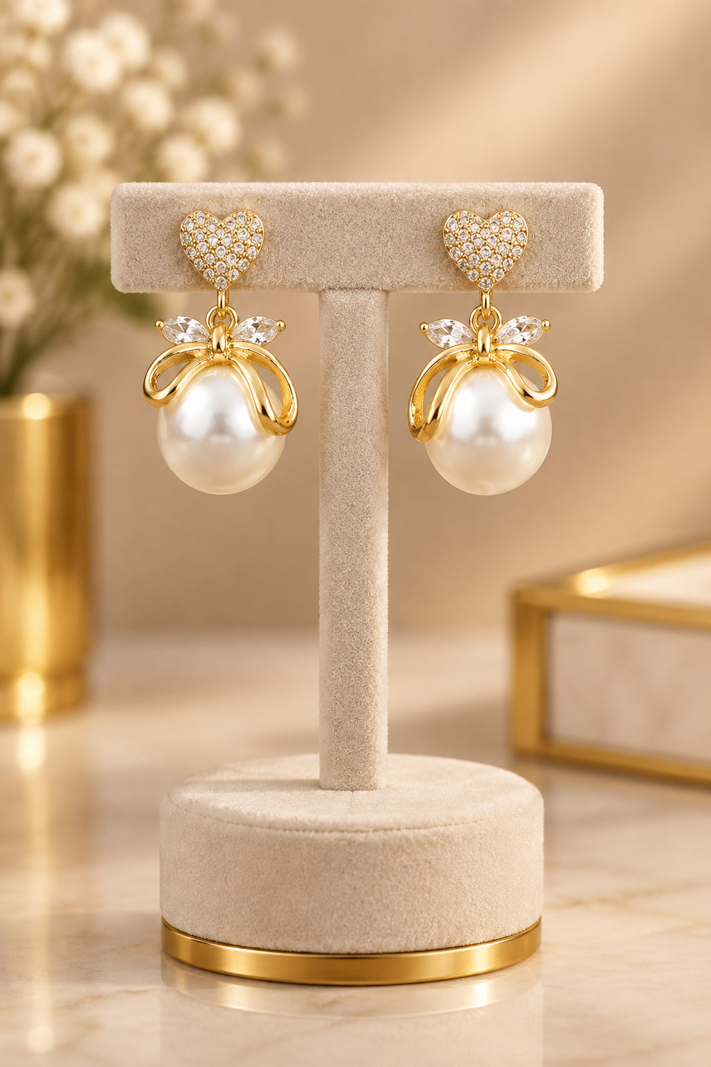 THE COQUETTE CHARM |  PEARL AND PAVE HEART BOW EARRINGS