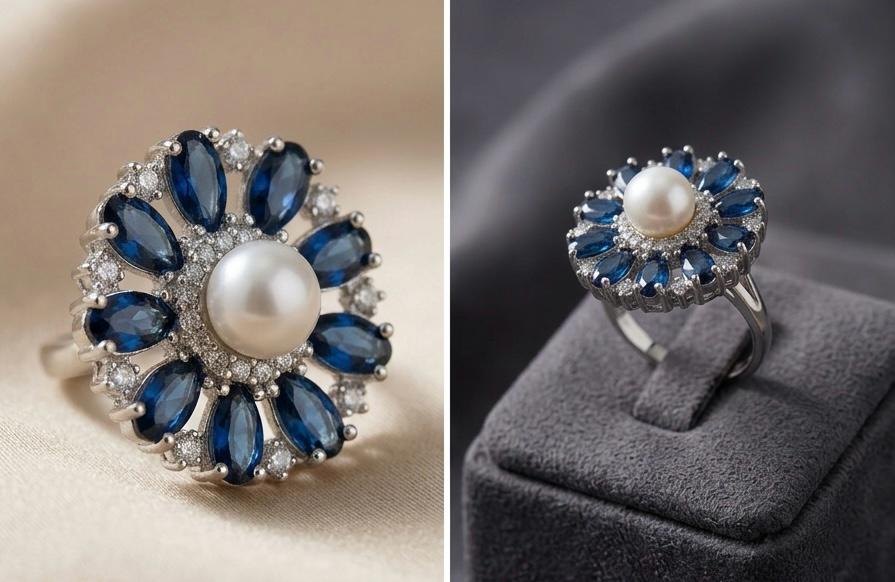 The Victorian Heritage: Blue Sapphire &amp; Pearl American Diamond Ring